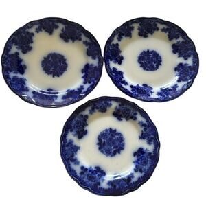 Set 3 Flow Blue New Wharf Pottery England Waldorf Dinner Plates 1 X 9" & 2 X 10”